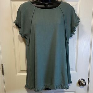 Umgee Teal Fringed Sleeve Linen Blend Blouse Small